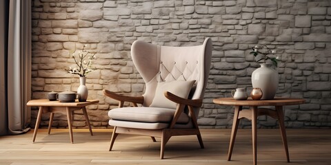 Wing chair near rustic wooden coffee table. Interior design of scandinavian living room with frames. Created with generative AI