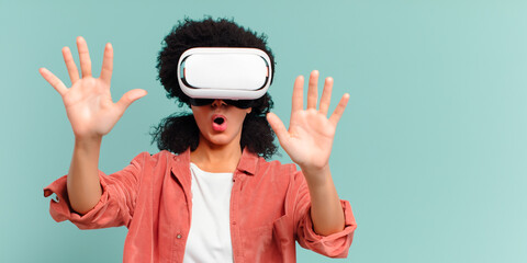 Person with virtual visor on. Concept of augmented reality, virtual reality. Everyday life in VR. Technological progress in the approach to life. AI generative.