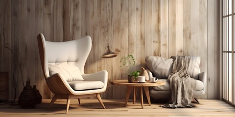 Fototapeta na wymiar Wing chair near rustic wooden coffee table. Interior design of scandinavian living room with frames. Created with generative AI