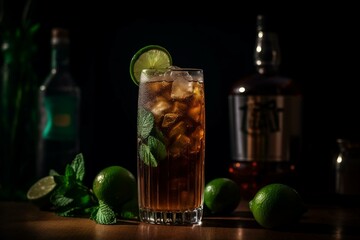 A refreshing summer cocktail made with rum, cola, lime, and mint. Generative AI