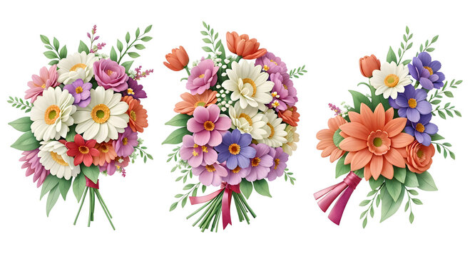 Watercolor flowers and wedding bouquet 3D style on transparent background,generative ai