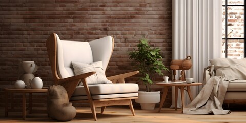 Wing chair near rustic wooden coffee table. Interior design of scandinavian living room with frames. Created with generative AI