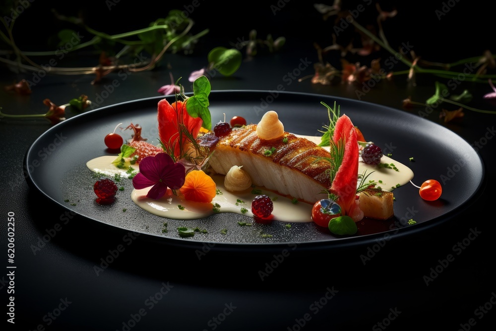 Wall mural illustration of a dish of fish with a flavorful sauce served on a black plate, created using generat