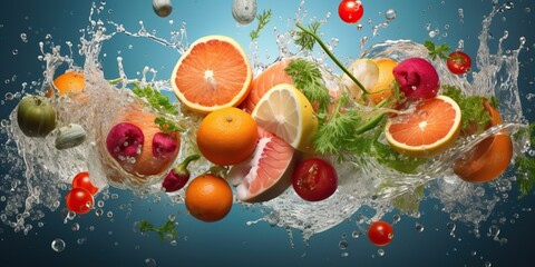 Flying healthy food explosion with water splash, concept of Nutritious diet, created with Generative AI technology
