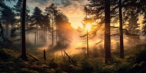 Fototapeta na wymiar Misty forest with sun rising in distance representing beauty of new day, concept of Renewal of Nature, created with Generative AI technology