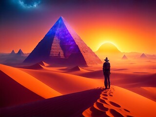 Ancient Alien Pyramids in the Desert. Forgotten Realm. An Explorer in Front of an Abandoned Desert Civilization. - obrazy, fototapety, plakaty