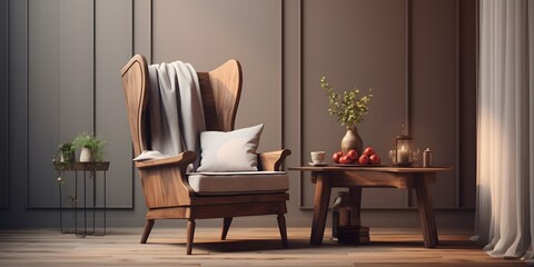 Wing chair near rustic wooden coffee table. Interior design of scandinavian living room with frames. Created with generative AI