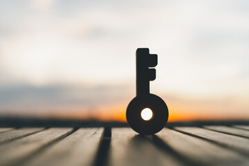 Key model, evening sky. Key concepts for success, methods, systems of reaching goals.
