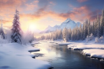 Fototapeta na wymiar Illustration of snow-covered trees and a river created using generative AI