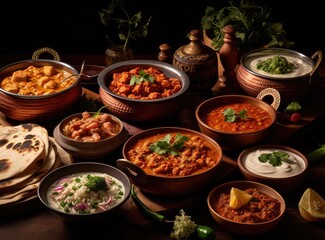 Bowls of indian food on dark table.