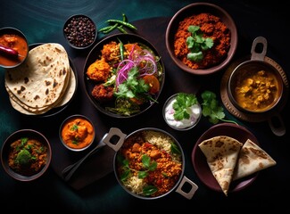 Bowls of indian food on dark table. - obrazy, fototapety, plakaty