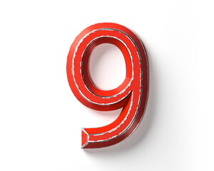 Digits made of red painted metal with scratched borders. 3d illustration of red iron figures isolated on white background