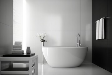 Fototapeta na wymiar Illustration of a white bath tub and sink in a minimalist bathroom, created using generative AI