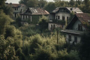 Fototapeta na wymiar Gray houses surrounded by vegetation in Eastern European suburb. Generative AI