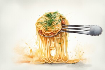 Watercolor illustration of isolated fork with spaghetti, noodles, pasta, and parsley. Generative AI
