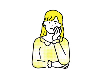 Woman with yellow clothes and yellow hair looking worried and troubled