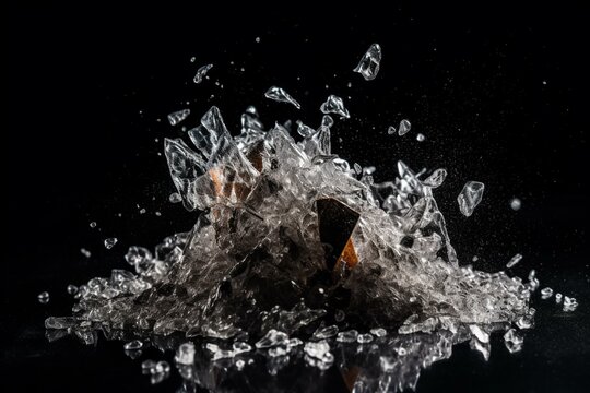 Crushed ice on black background, shards spreading. Explosive. Generative AI