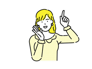 Business woman smiling with her hand raised and finger pointing upwards