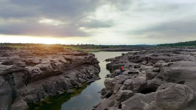 Tourist visiting at Sam Phan Bok in Ubon ratchathani, Thailand. Grand canyon of Thailand.
