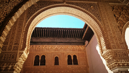 Sculptural and architectural details of the Alhambra palaces in Granada, Spain