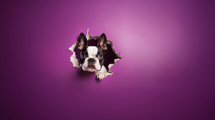 Boston Terrier Dog Looks Through Hole They Have Made In Purple Wall