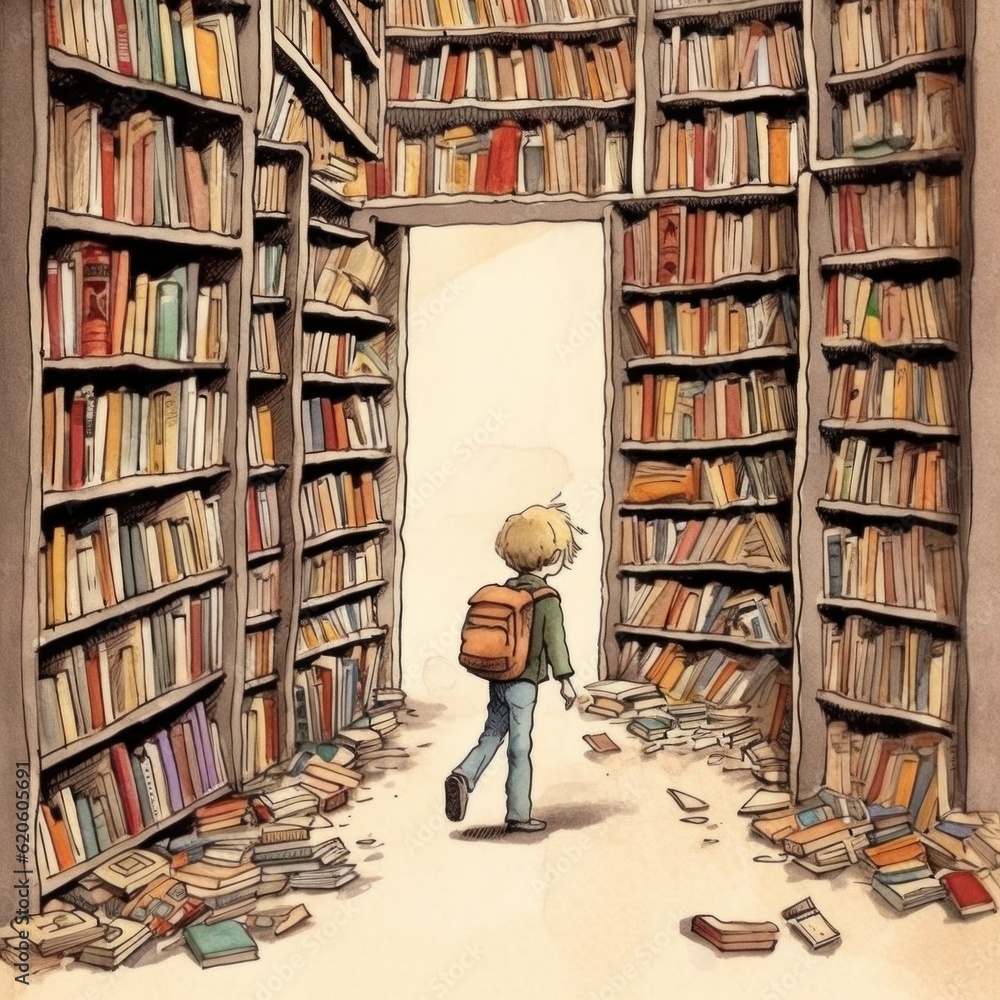 Poster a boy is walking through a library full of books. generative ai image.
