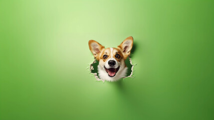 Corgi Dog Looks Through Hole They Have Made In Green Wall