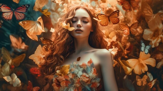 A woman with long red hair is surrounded by butterflies. Generative AI image.