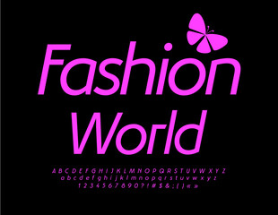Vector stylish concept Fashion World with Elegant Font. Artistic Pink Alphabet Letters and Numbers