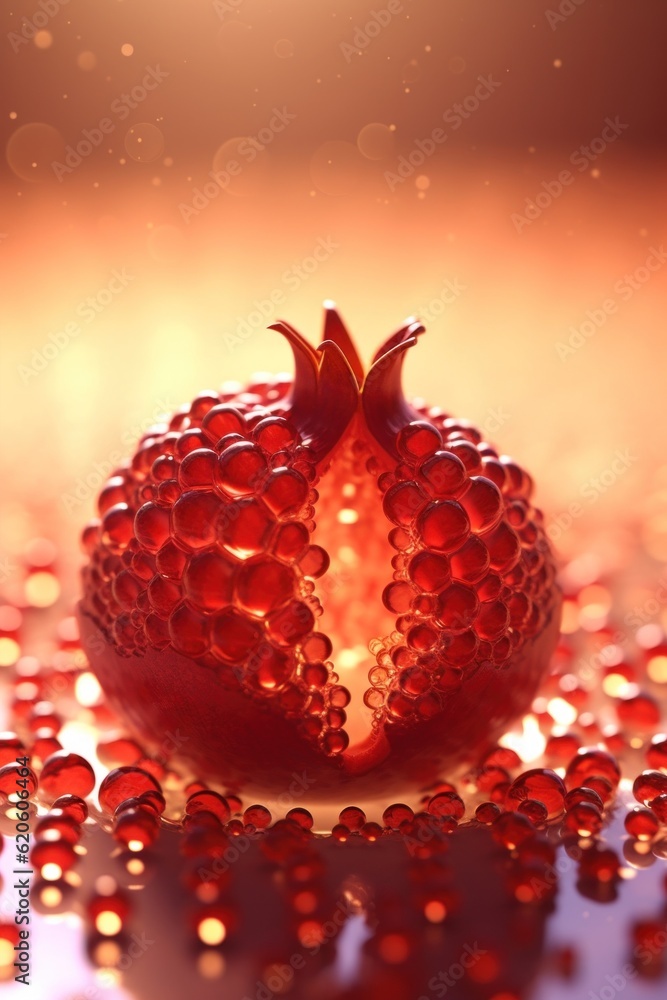 Poster a red pomegranate sitting on top of a table. generative ai image.