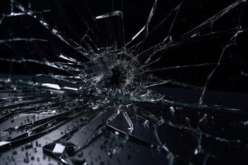 Obraz premium Fragments of Resilience: Cracks in Glass on a Black Background, Resilient Against Bullets, Cracks, Glass, Black Background, Bulletproof, Fragments, Shattered, Damage, Breakage,