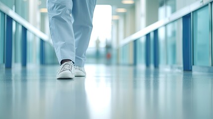 Assistant legs walking in hospital, Selective focus at the leg and blurred background with copy space in modern hospital. epoxy floor. Generative AI
