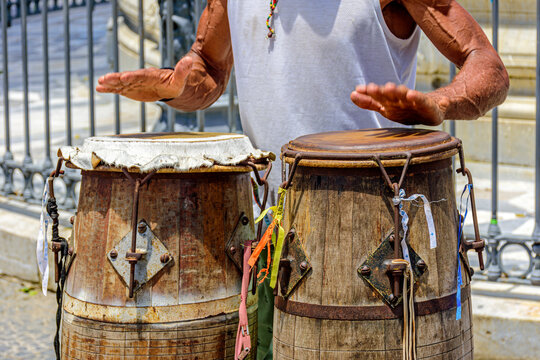 Drum player with his atabaque in the streets of the historic district of Pelourinho in Salvador in Bahia