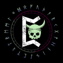 Design for a t-shirt with runic lettering called Perth next to a viking skull isolated on black. Runic alphabet in circular design.