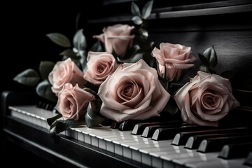 A beautiful arrangement of rose flowers placed on top of black and white piano keys. Generative AI