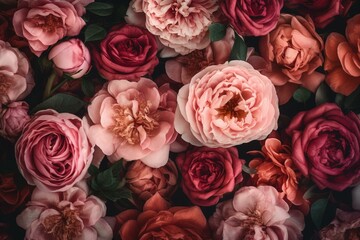 A lovely seamless pattern of vintage pink flowers and roses. Generative AI