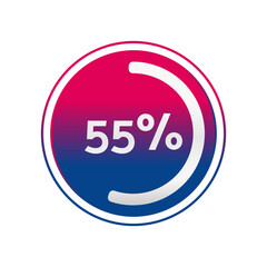 55 percent circle chart, isolated symbol. Vector red blue gradient element. Percentage Infographic sign. Illustration, icon for business, finance, progress, report, web design, download