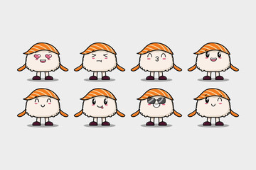 Set kawaii Sushi cartoon character with different expressions cartoon face vector illustrations