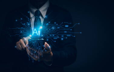 concept of intelligent technology ,Ai or digital transformation management. Businessman use mobile to manage big data and business processes with future technological innovation