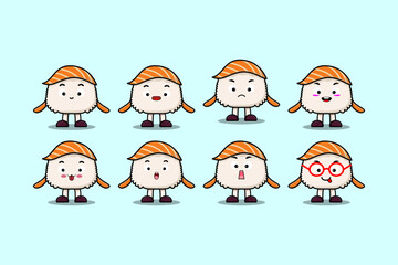 Set kawaii Sushi cartoon character with different expressions cartoon face vector illustrations