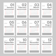 Gray Monochrome Simple Monthly 2024 Calendar Template for Print
