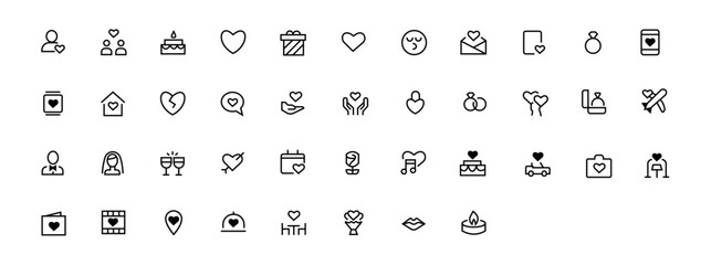 Love vector line icons simple set. Romantic letter, happy couple, ring, gift, broken heart, honeymoon icon. Editable Stroke.