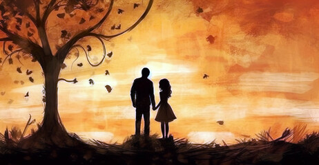 Fototapeta premium Representation of first date, love and romance. For invitation, greeting card, background or banner use. Their silhouettes create a symbol of love in a beautiful, artistic way. AI generated.