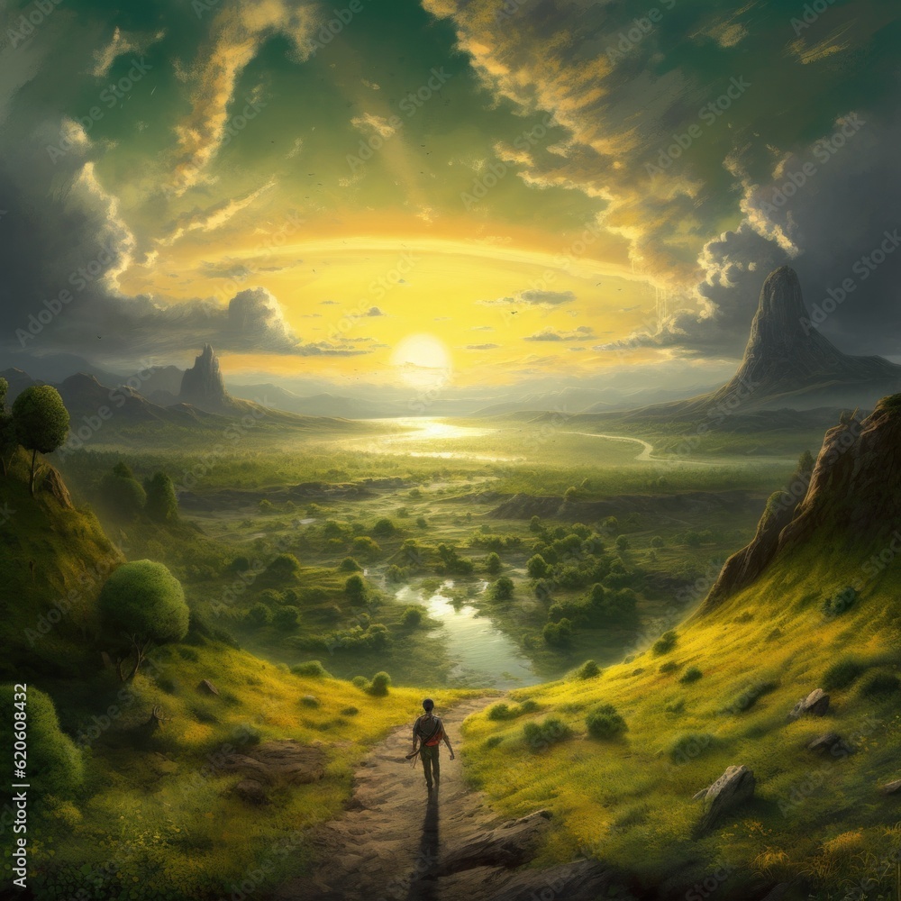 Aufkleber a painting of a man walking down a path towards a valley. generative ai image.