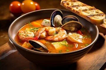 Bouillabaisse filled with fresh seafood, rich broth, and vibrant garnishes