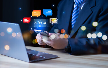 Businessman Talking to AI for Intelligent Insights and Problem-Solving | Futuristic Technology on...