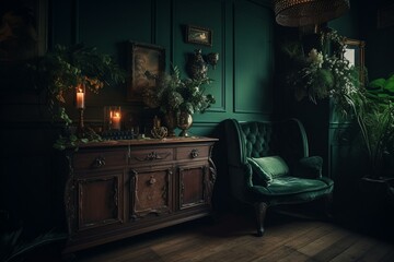 Vintage furniture in a dark green interior. Generative AI