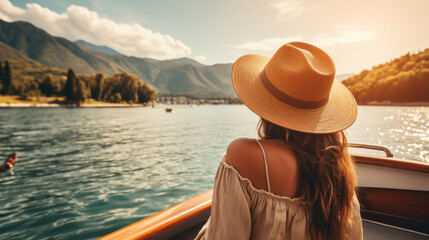 a woman in a hat looks at the landscape from a boat. back view. Generative AI