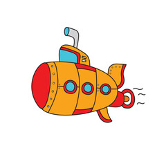 Kids drawing Cartoon Yellow Submarine with periscope,underwater ship Isolated on White Background