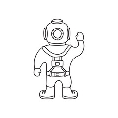 Hand drawn Kids drawing Cartoon deep ocean diver Isolated on White Background
